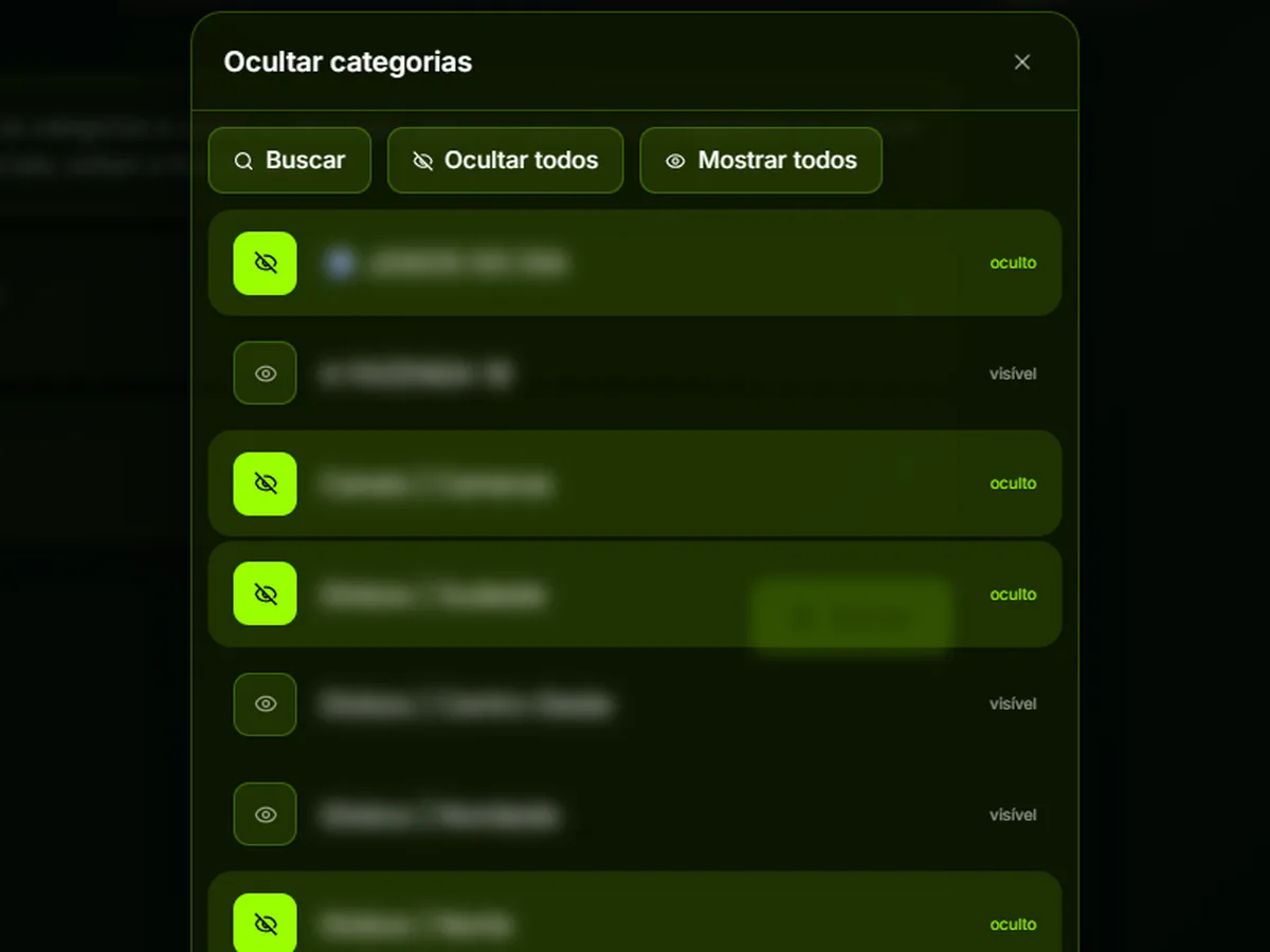 Seleção de categorias ocultas no Pan Player