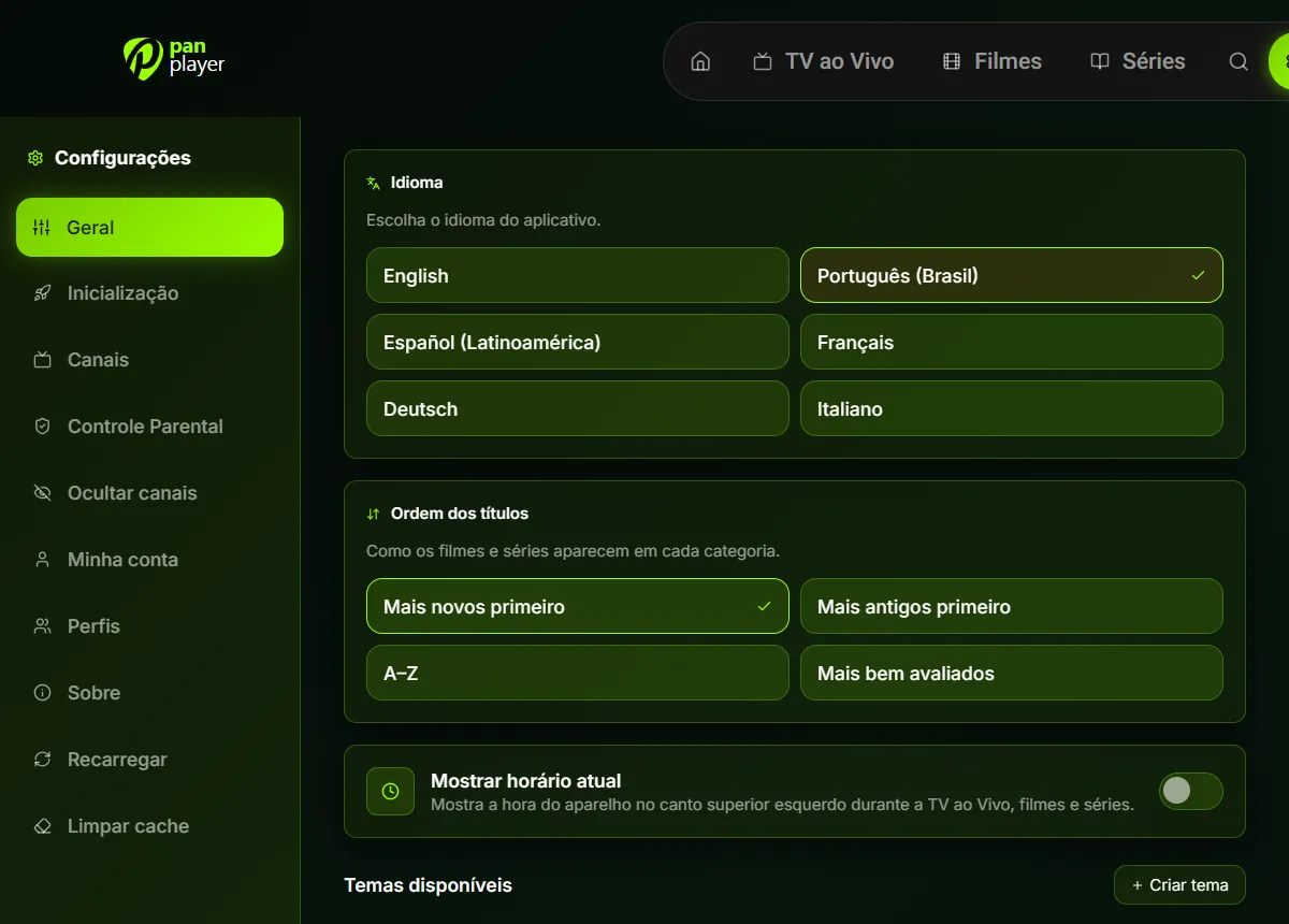 Configurações gerais do Pan Player