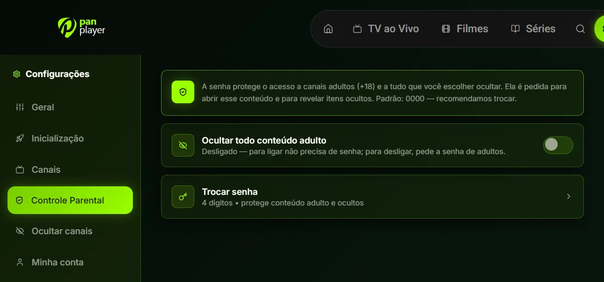Tela de controle parental do Pan Player