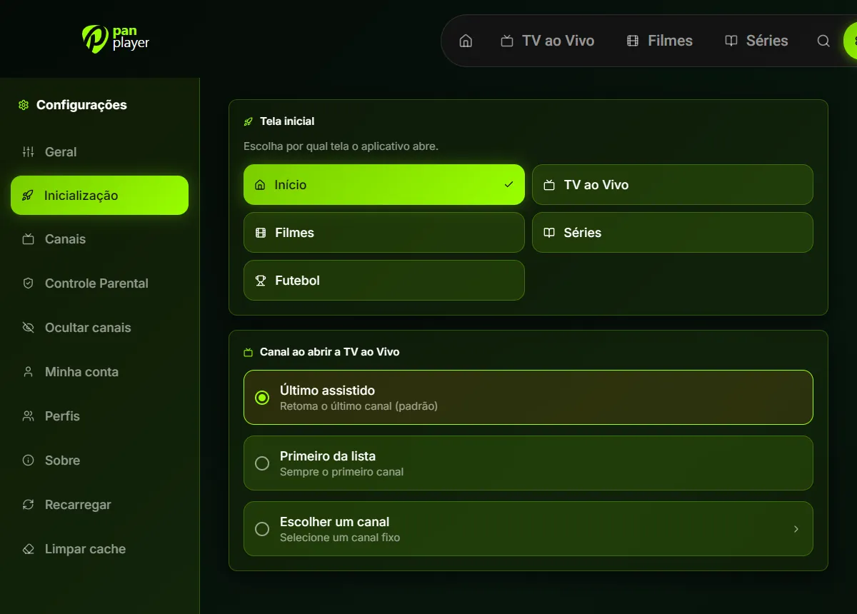 Configuração de tela e canal iniciais no Pan Player
